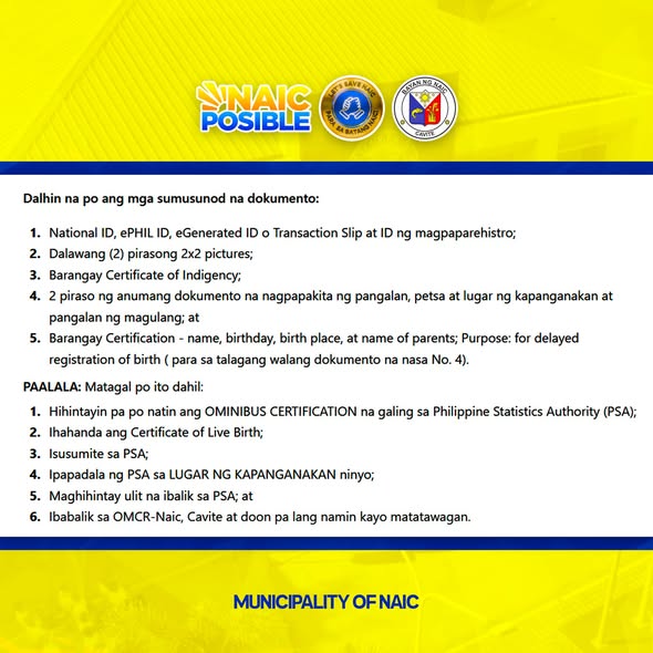 Infographic: Mga dokumentong dalhin at paalala para sa delayed registration ng birth certificate, Municipality of Naic