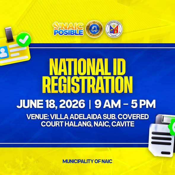 Poster: National ID Registration, Hunyo 18, 2026, 9 AM-5 PM, Villa Adelaida Covered Court Halang, Naic