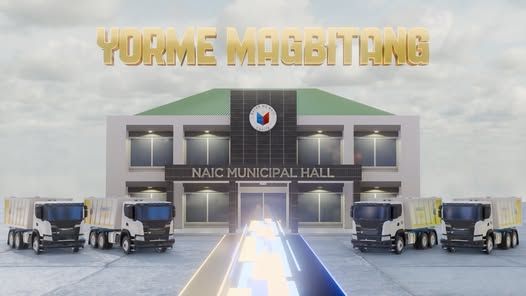 Graphic: Naic Municipal Hall na may apat na dump truck at titulong "Yorme Magbitang", kampanyang Start Clean