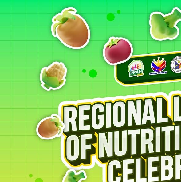 Poster: Regional Launching ng Nutrition Month Celebration sa Naic, may mga ilustrasyon ng prutas at gulay