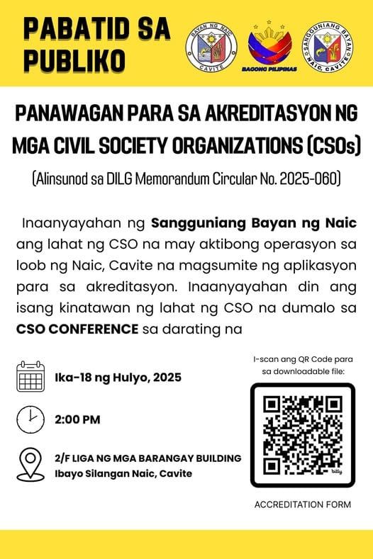 Pabatid sa CSO: Akreditasyon at CSO Conference sa Naic, Hulyo 18, 2025