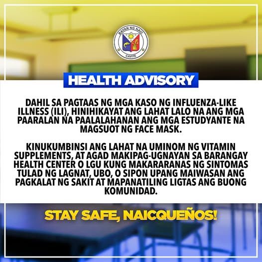 Poster: Health Advisory, paalala sa pagsusuot ng face mask at pag-inom ng vitamins dahil sa tumataas na kaso ng ILI sa Naic