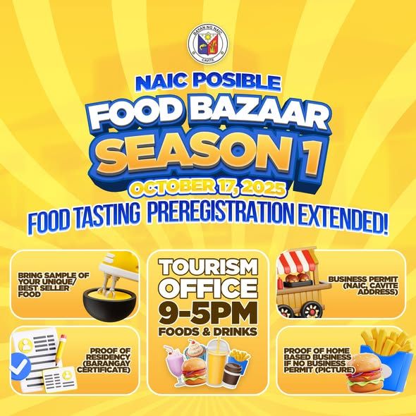 Poster: Naic Posible Food Bazaar Season 1, Oktubre 17, 2025, Tourism Office, 9-5PM, food tasting at pre-registration