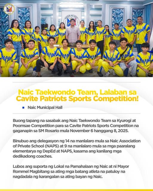Poster: Naic Taekwondo Team, lalaban sa Cavite Patriots Sports Competition, SM Rosario, Nobyembre 6-8, 2025