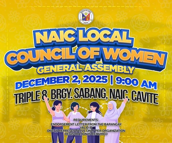 Poster: General Assembly ng Naic Local Council of Women, Disyembre 2, 2025, 9:00 AM, Triple 8, Brgy. Sabang, Naic