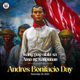 Poster: Andres Bonifacio Day, Nobyembre 30, 2025, may pintura ng bayani at watawat na pula