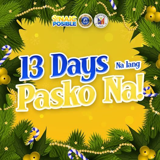 Poster: 13 Days Na lang Pasko Na! may pine branches at candy cane na dekorasyon, logo ng Naic Posible sa itaas