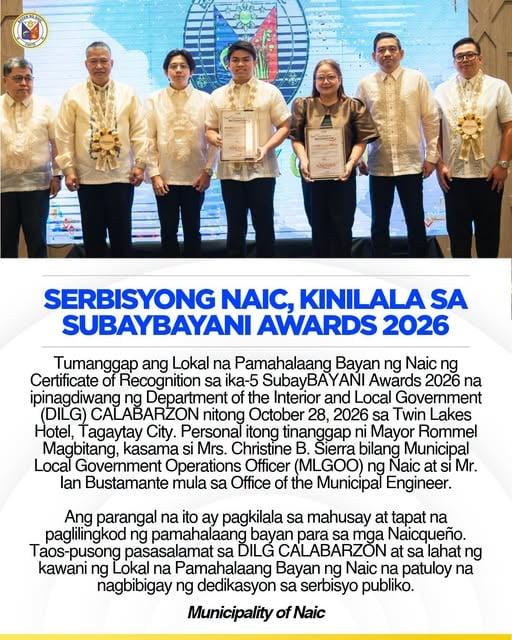 Larawan ng pagtanggap ng Certificate of Recognition ng Naic sa SubayBAYANI Awards 2026